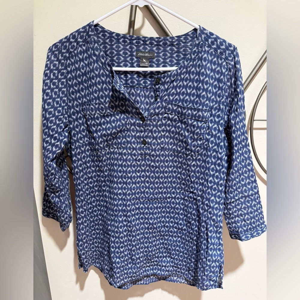 Eddie Bauer Navy and White Printed Henley Tunic Size XS 100% Cotton Granola Girl